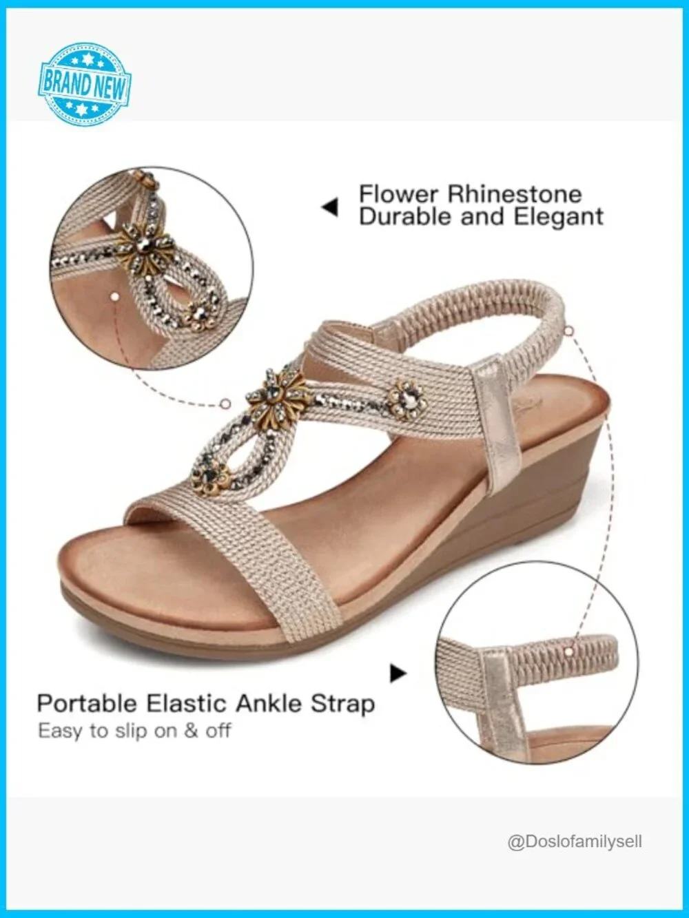 Wedge Sandals Low Heel Dressy Rhinestone Flower Elastic Strap Summer